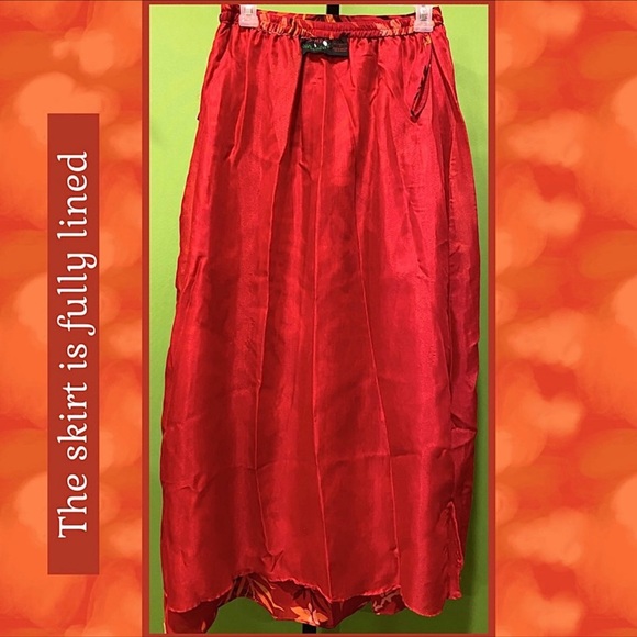 EXC VINTAGE ASHRO MAXI SKRT RED/ORANGE/BROWN FERN PRINT LINED - Picture 9 of 14